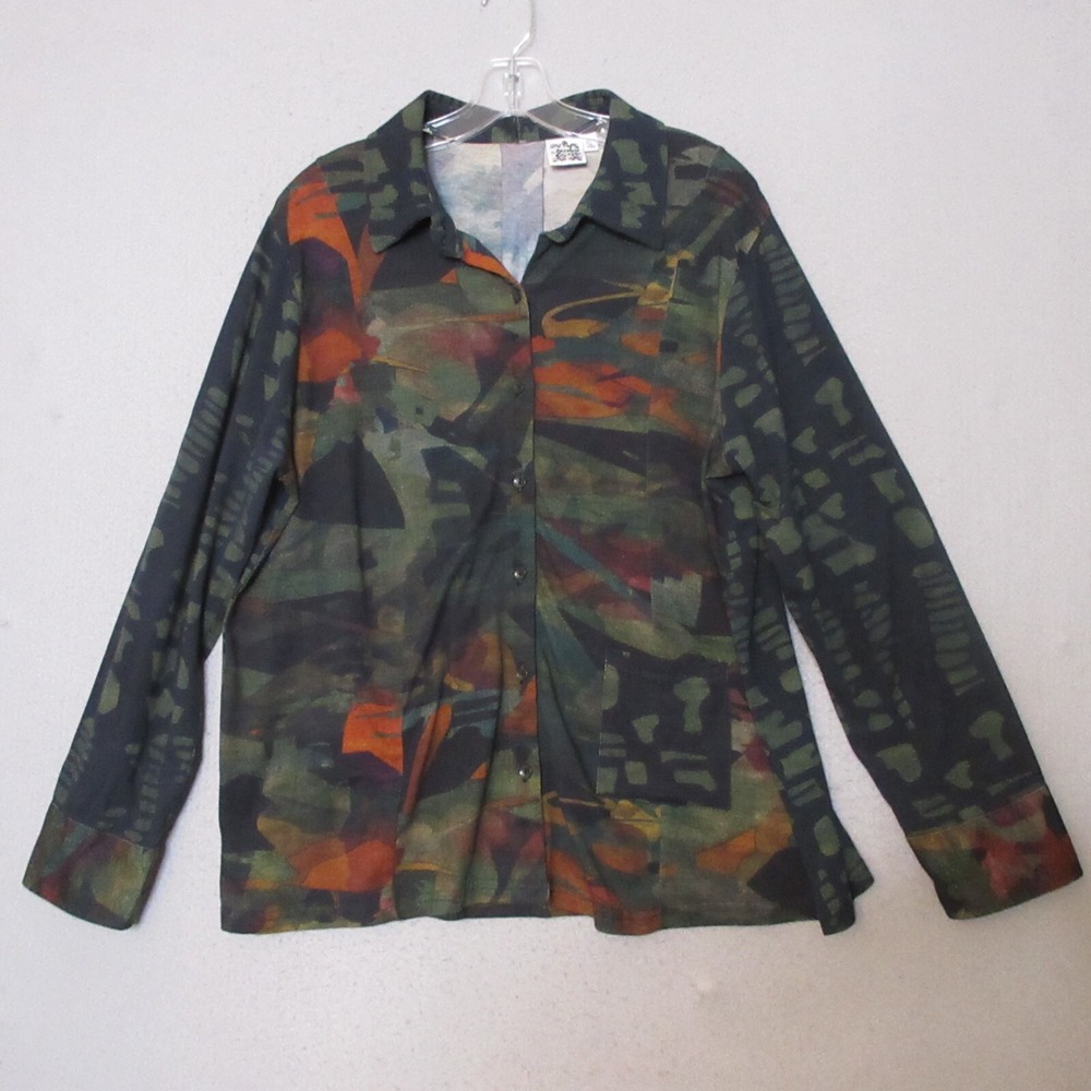 Parsley & Sage‎ Top Tunic Large Green Abstract Lagenlook Artsy Button Up India
